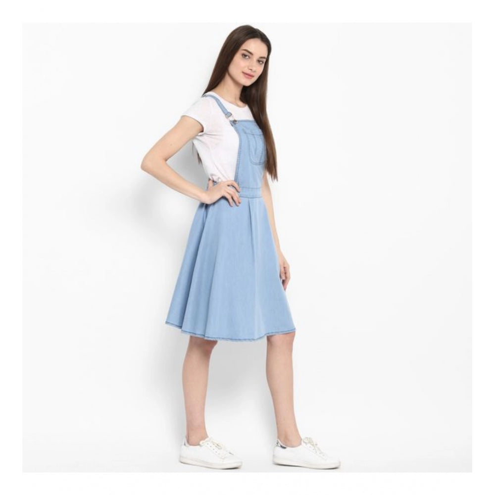 PKRKART Women's Denim Solid Sleeveless Above Knee Dress (Blue)