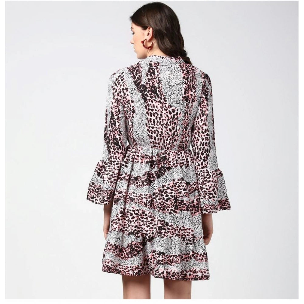 PKRKART Women's Polyester Animal Print Bell Sleeve Above Knee Dress (Pink - Black)