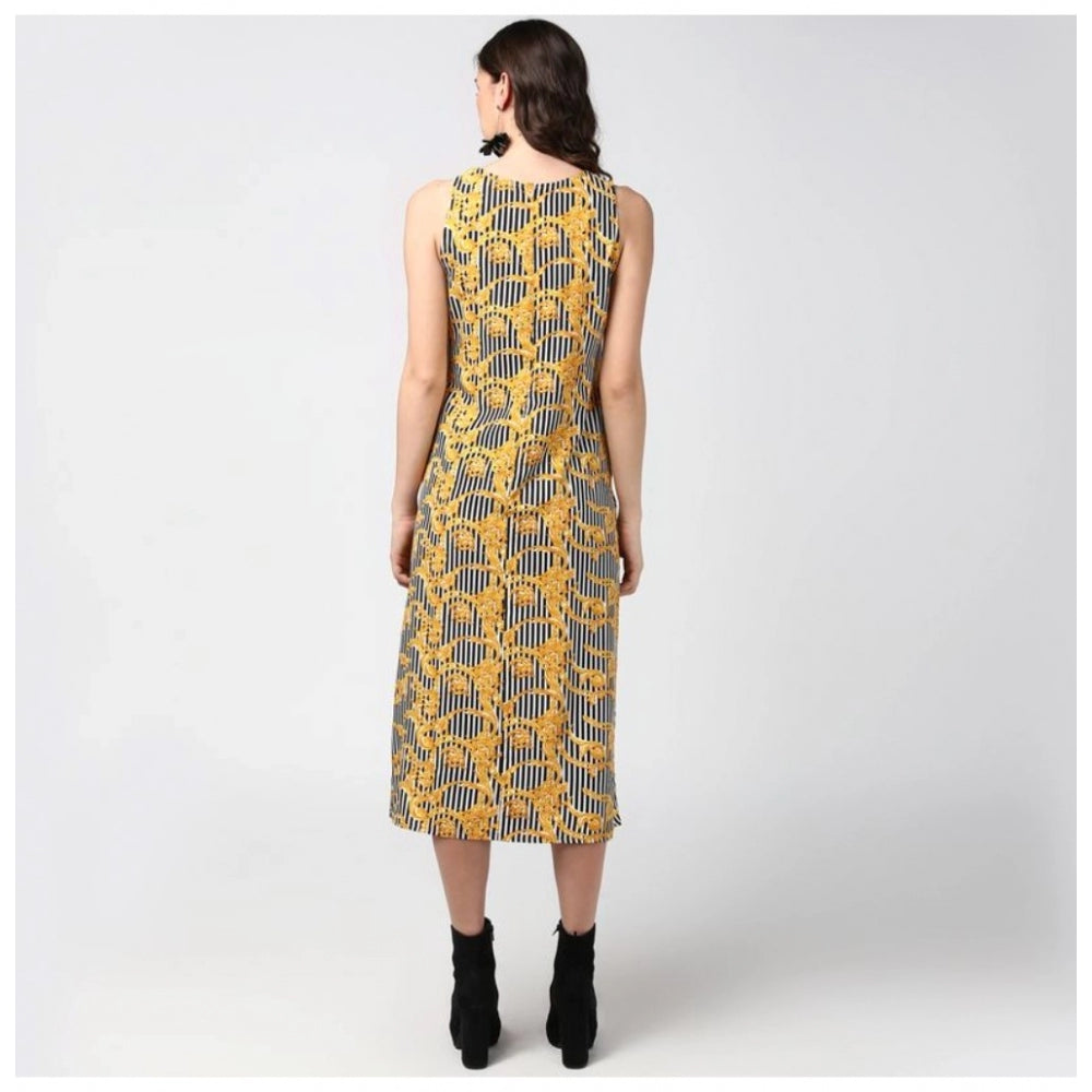 PKRKART Women's Polyester Chain Print Sleeveless Below Knee Dress (Yellow - Black)