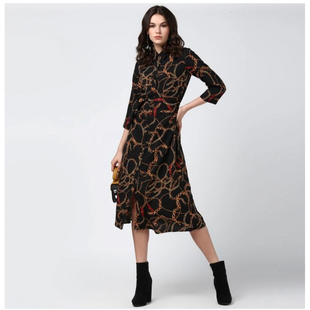 PKRKART Women's Polyester Chain Print Roll Up Sleeve Below Knee Dress (Black - Yellow)
