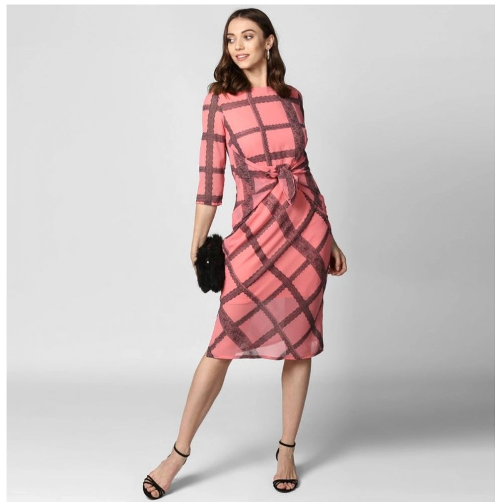 PKRKART Women's Polyester Checkered 3-4th Sleeves Below Knee Dress (Pink - Black)