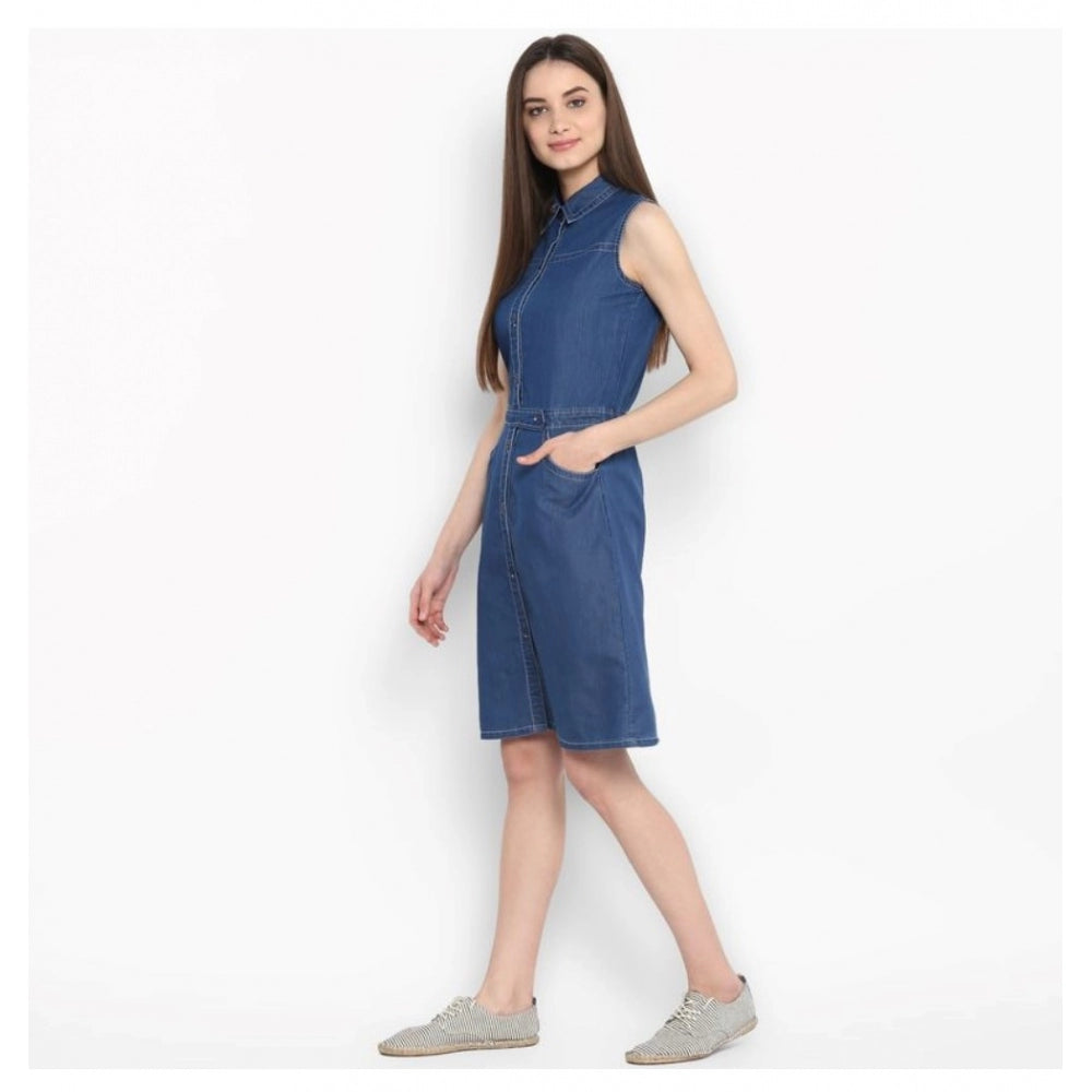 PKRKART Women's Denim Solid Sleeveless Above Knee Dress (Blue)