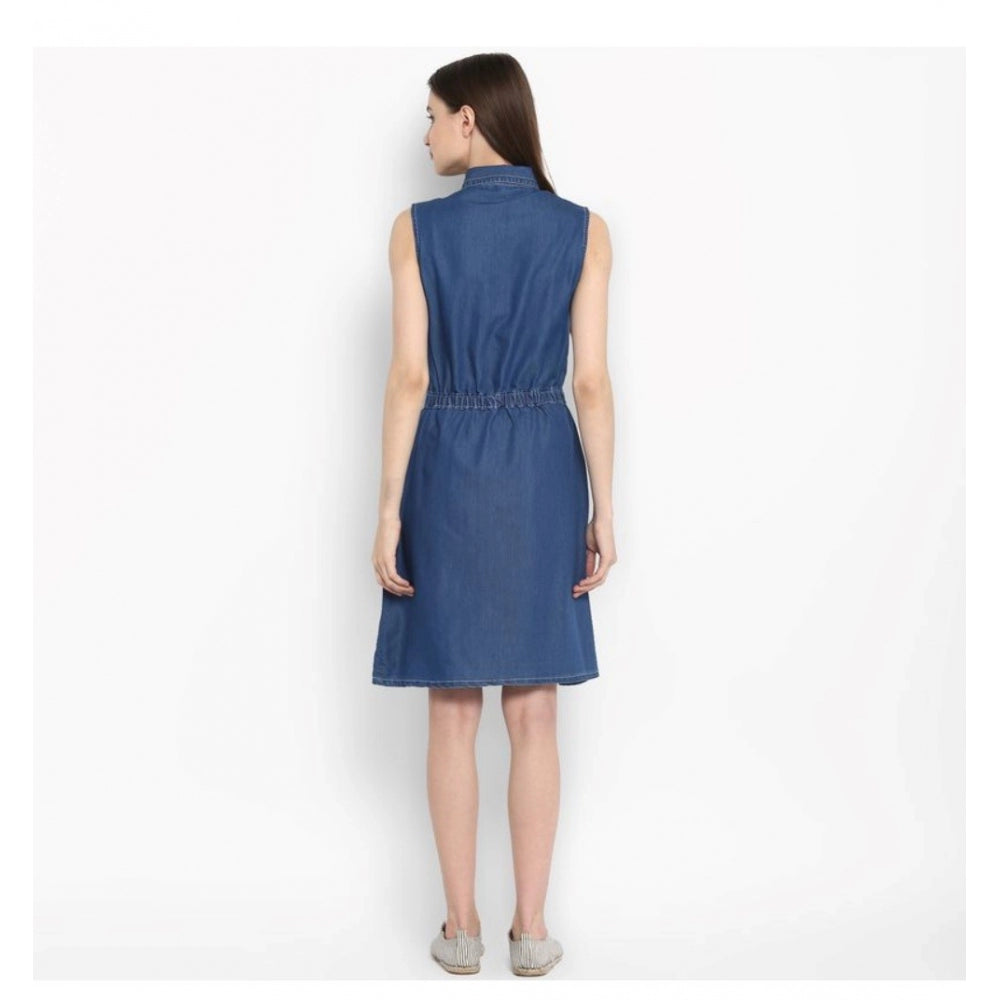PKRKART Women's Denim Solid Sleeveless Above Knee Dress (Blue)