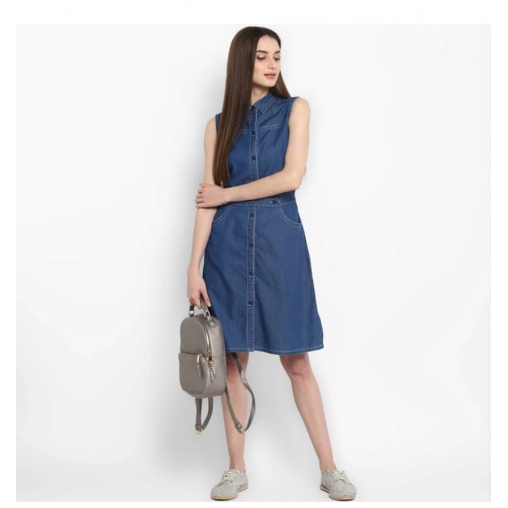 PKRKART Women's Denim Solid Sleeveless Above Knee Dress (Blue)
