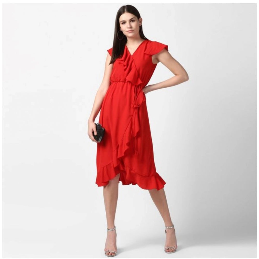PKRKART Women's Polyester Ruffled Cap Sleeve Knee-Length Dress (Red)