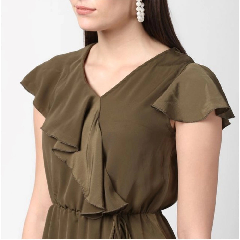 PKRKART Women's Polyester Ruffled Cap Sleeve Knee-Length Dress (Olive)