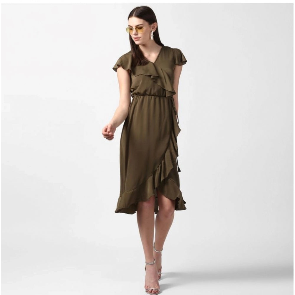 PKRKART Women's Polyester Ruffled Cap Sleeve Knee-Length Dress (Olive)