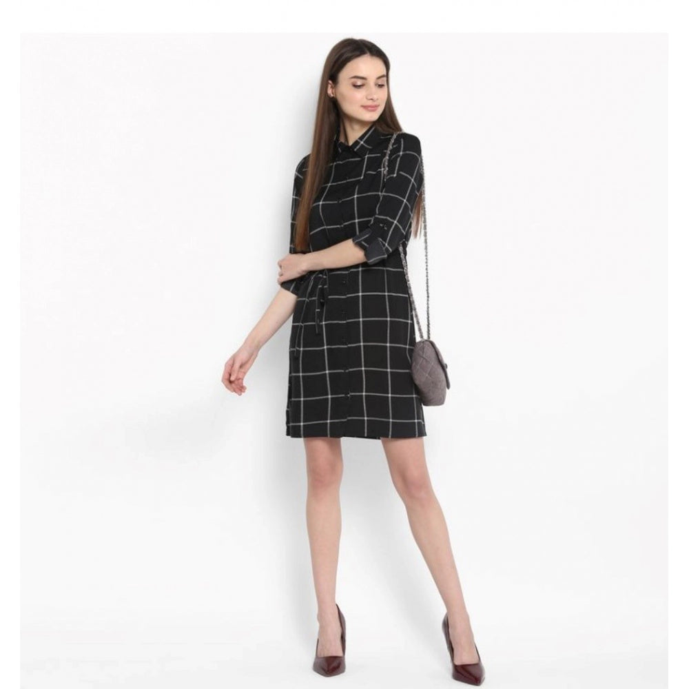PKRKART Women's Polyester Checkered Roll Up Sleeve Above Knee Dress (Black - White)