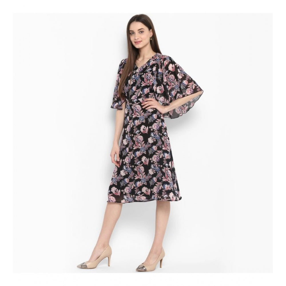 PKRKART Women's Polyester Floral Short Sleeve Knee-Length Dress (Black - Multicolor)