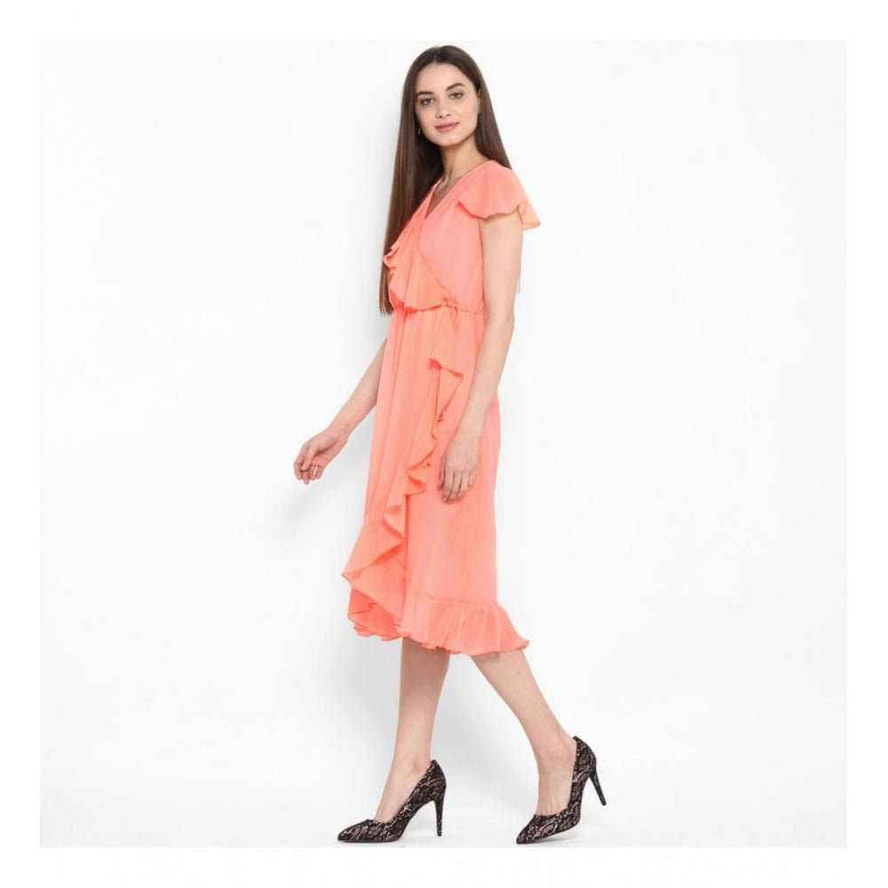 PKRKART Women's Polyester Ruffled Cap Sleeve Below Knee Dress (Neon Pink)