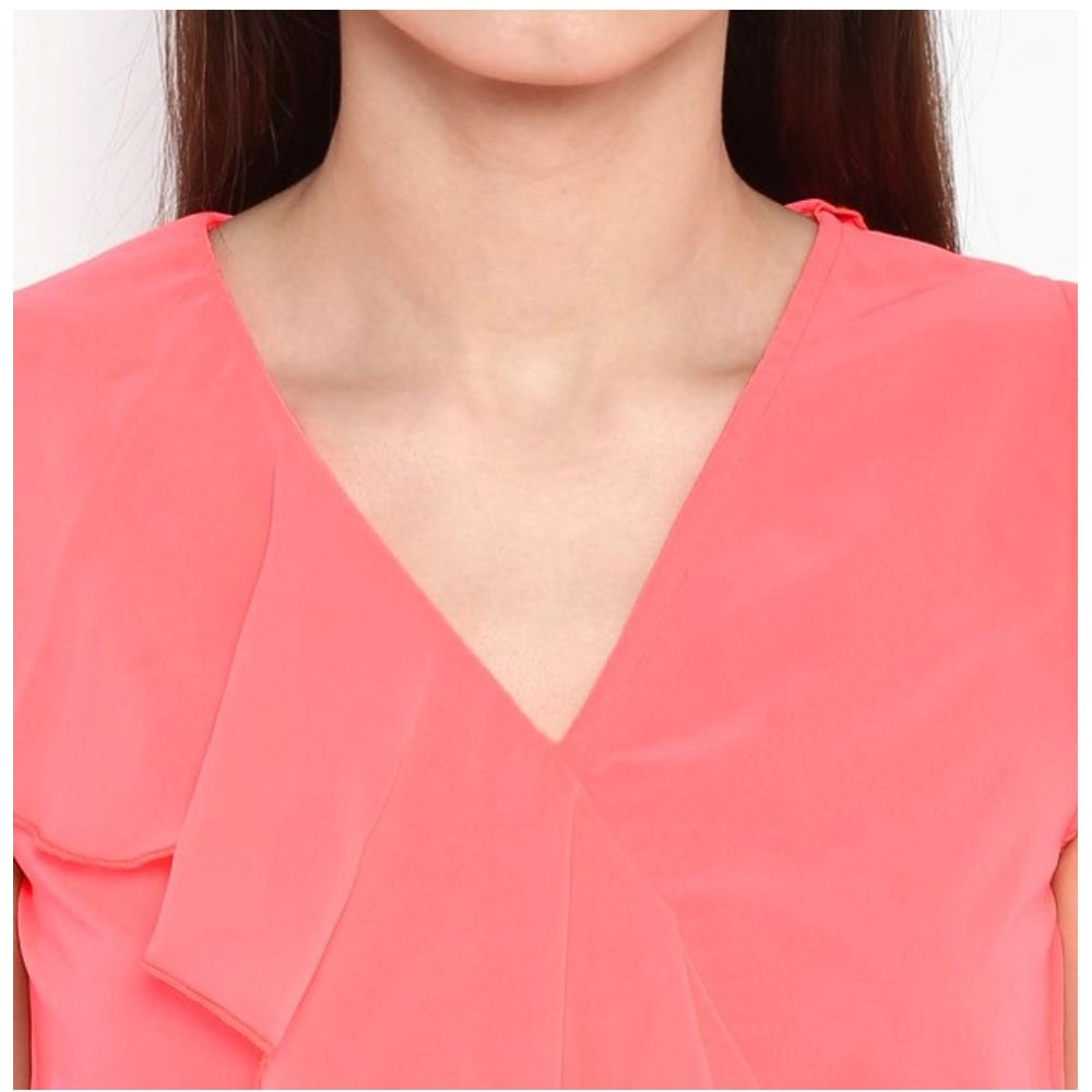PKRKART Women's Polyester Ruffled Cap Sleeve Below Knee Dress (Coral Pink)
