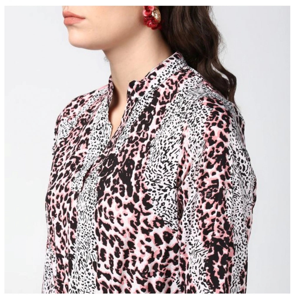 PKRKART Women's Polyester Animal Print Bell Sleeve Above Knee Dress (Pink - Black)