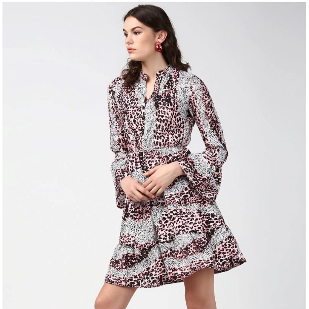 PKRKART Women's Polyester Animal Print Bell Sleeve Above Knee Dress (Pink - Black)