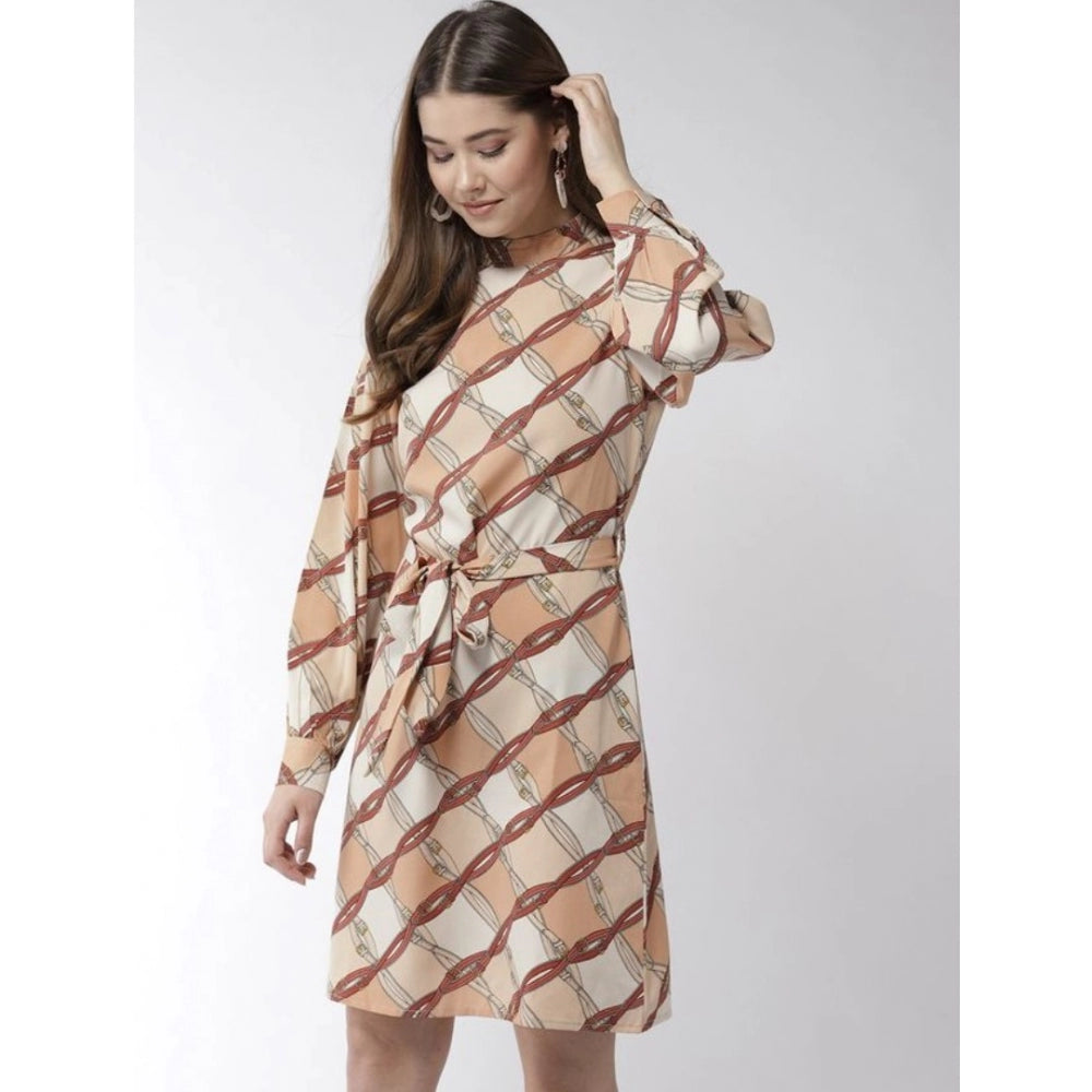 PKRKART Women's Polyester Checkered Long Sleeves Above Knee Dress (Off White - Brown)