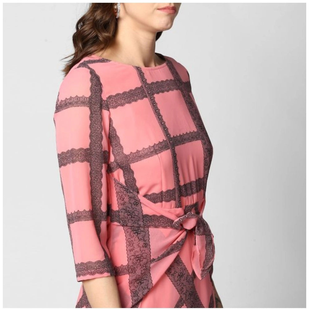 PKRKART Women's Polyester Checkered 3-4th Sleeves Below Knee Dress (Pink - Black)