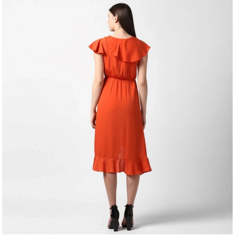 PKRKART Women's Polyester Ruffled Cap Sleeve Knee-Length Dress (Orange)
