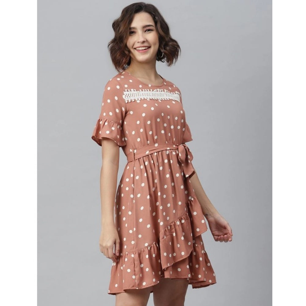 PKRKART Women's Polyester Polka Bell Sleeve Above Knee Dress (Brown)