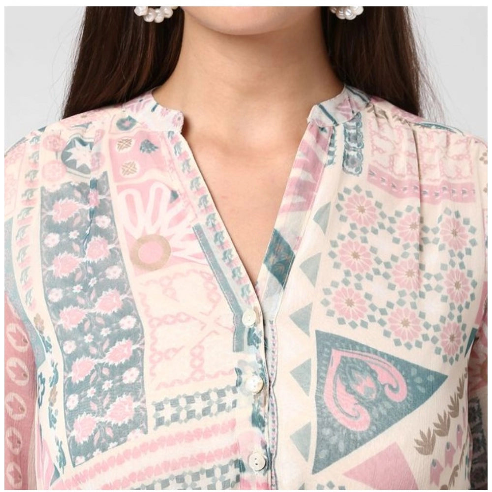 PKRKART Women's Polyester Printed Long Sleeves Above Knee Dress (Light Pink - Off White)
