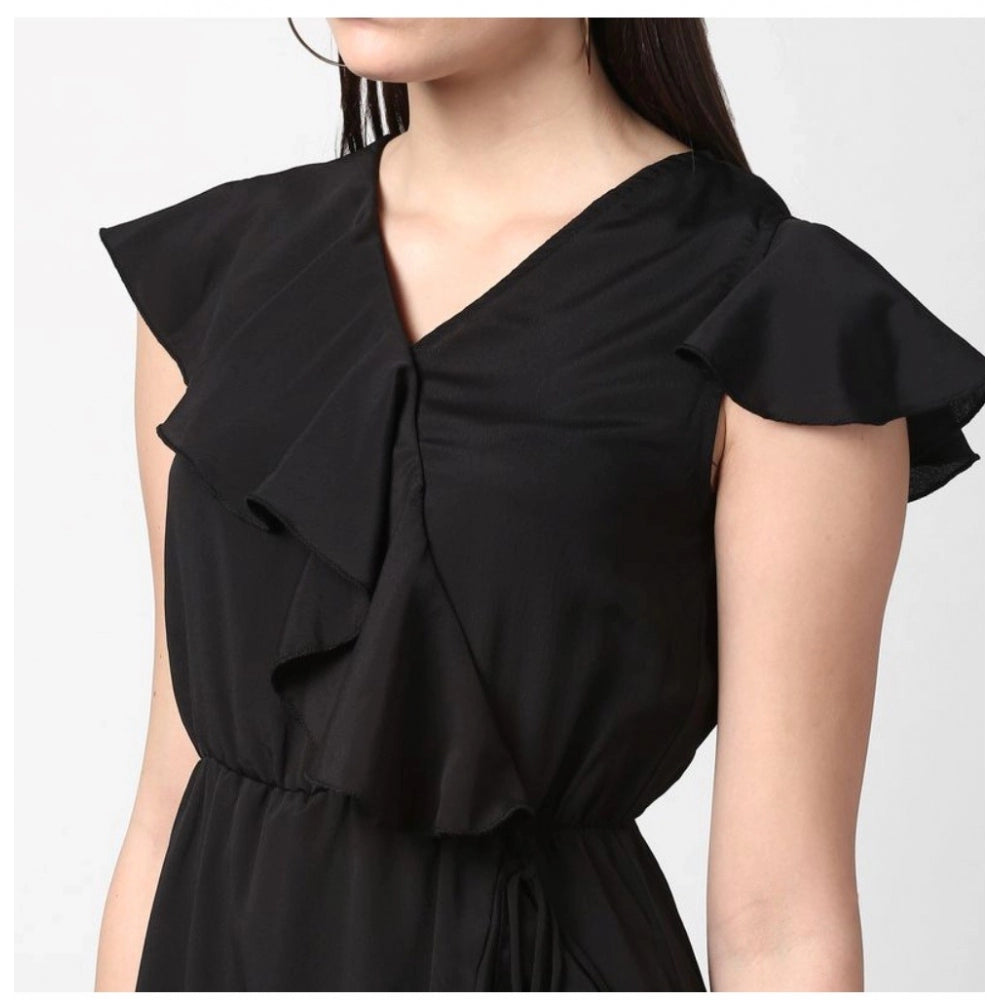 PKRKART Women's Polyester Ruffled Cap Sleeve Knee-Length Dress (Black)