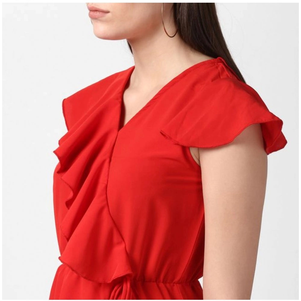 PKRKART Women's Polyester Ruffled Cap Sleeve Knee-Length Dress (Red)