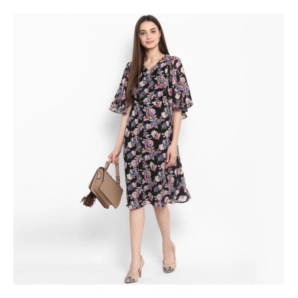 PKRKART Women's Polyester Floral Short Sleeve Knee-Length Dress (Black - Multicolor)