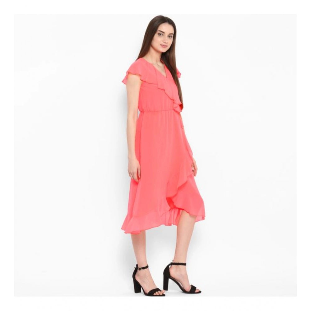 PKRKART Women's Polyester Ruffled Cap Sleeve Below Knee Dress (Coral Pink)