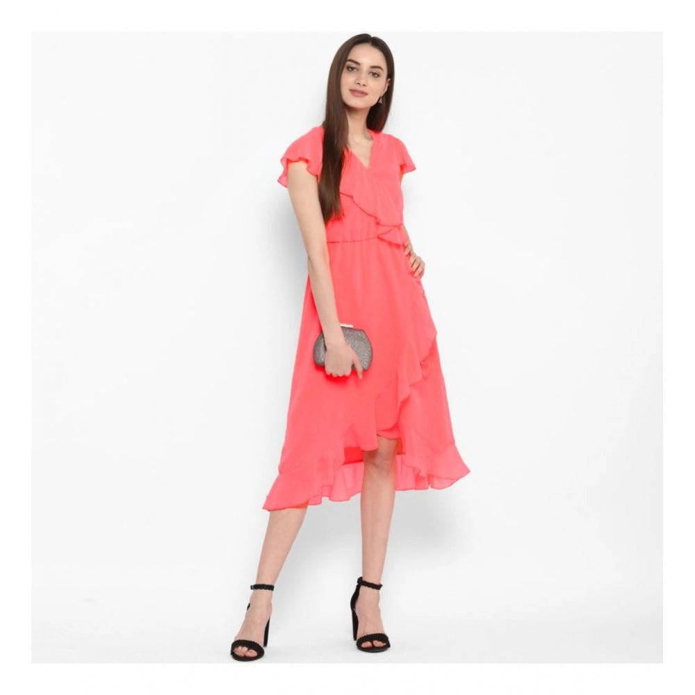 PKRKART Women's Polyester Ruffled Cap Sleeve Below Knee Dress (Coral Pink)