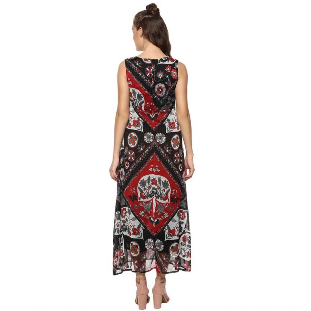 PKRKART Women's Polyester Printed Sleeveless Dress (Red - Black)