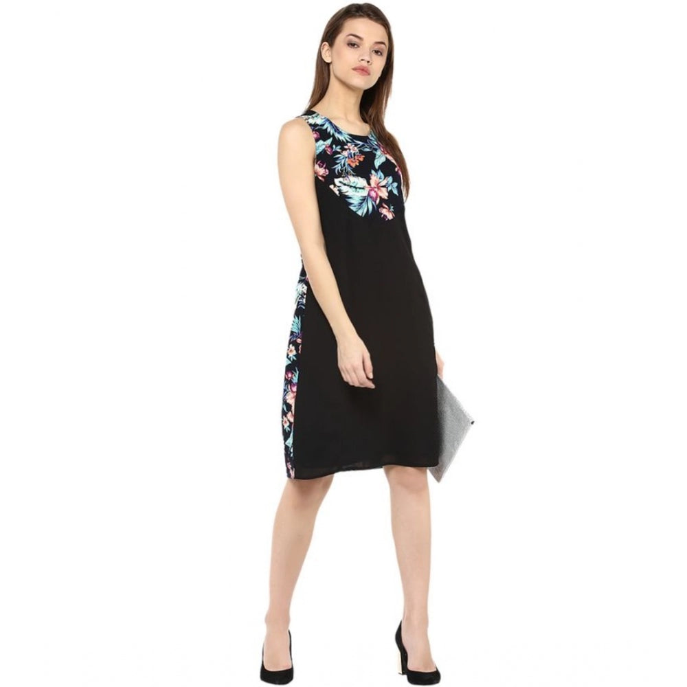 PKRKART Women's Polyester Printed Sleeveless Above Knee Dress (Black - Multicolor)