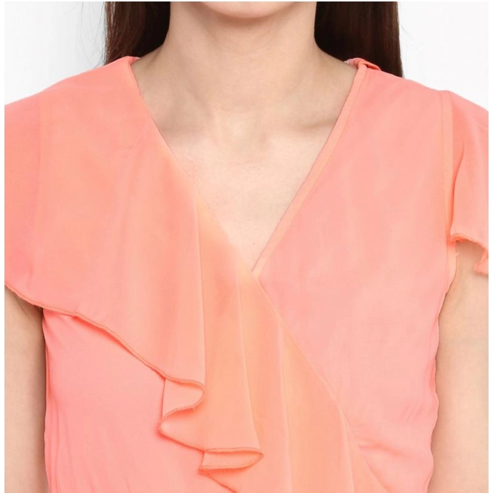 PKRKART Women's Polyester Ruffled Cap Sleeve Below Knee Dress (Neon Pink)