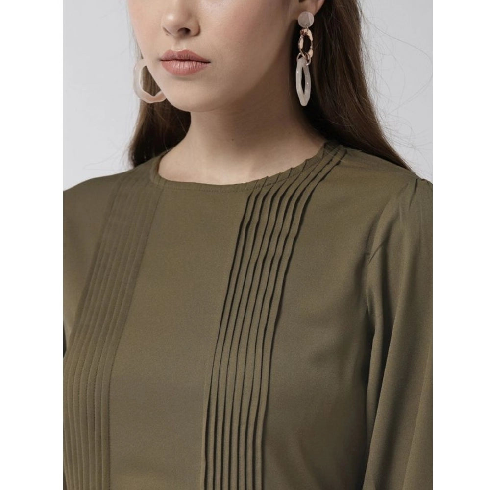 PKRKART Women's Polyester Pintuck Long Sleeves Below Knee Dress (Olive)