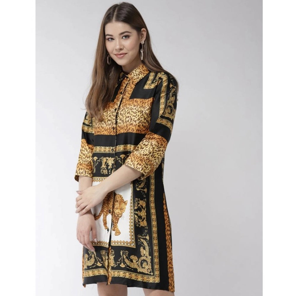 PKRKART Women's Satin Animal Print 3-4th Sleeves Above Knee Dress (White - Orange)