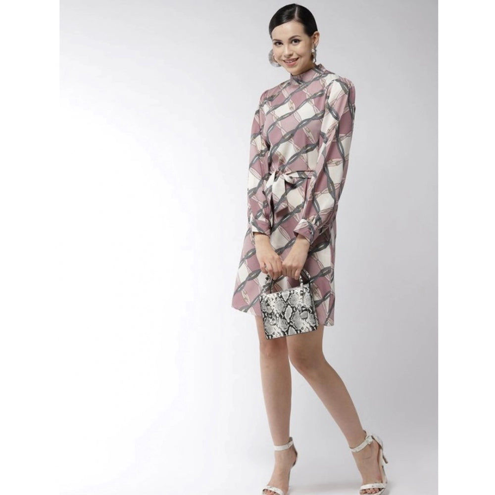 PKRKART Women's Polyester Checkered Long Sleeves Above Knee Dress (Off White - Lavender)