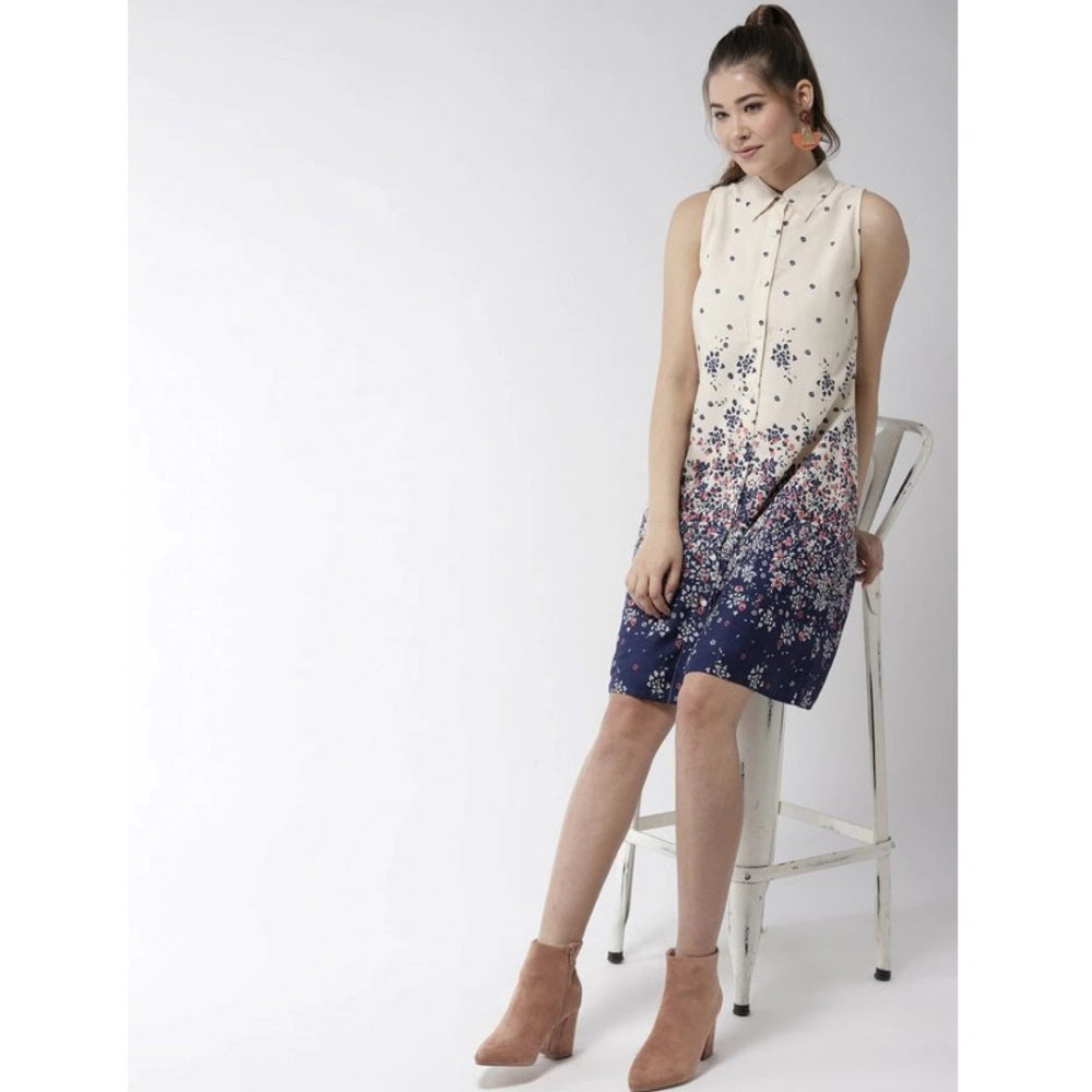 PKRKART Women's Polyester Floral Sleeveless Above Knee Dress (Cream)