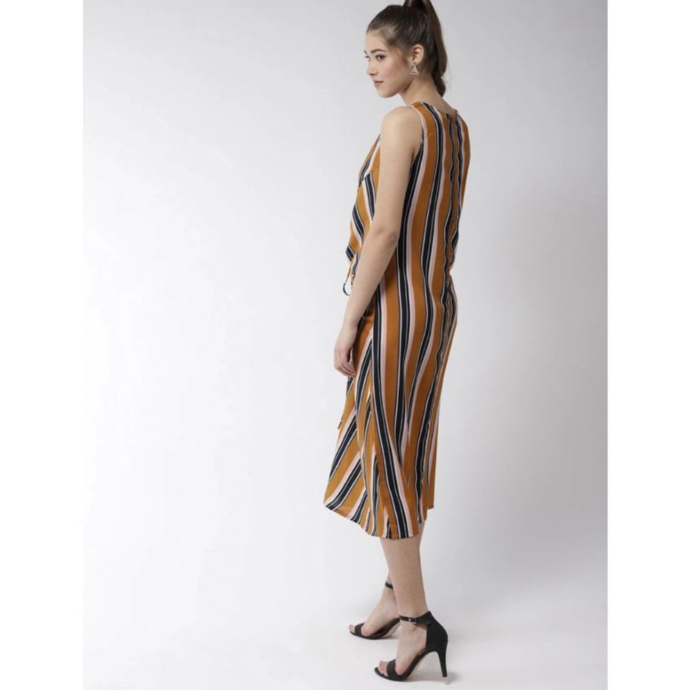 PKRKART Women's Polyester Striped Sleeveless Below Knee Dress (Mustard)