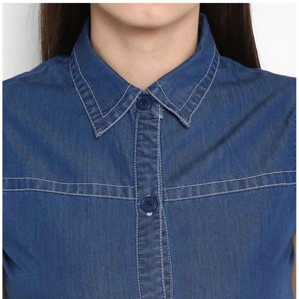PKRKART Women's Denim Solid Sleeveless Above Knee Dress (Blue)
