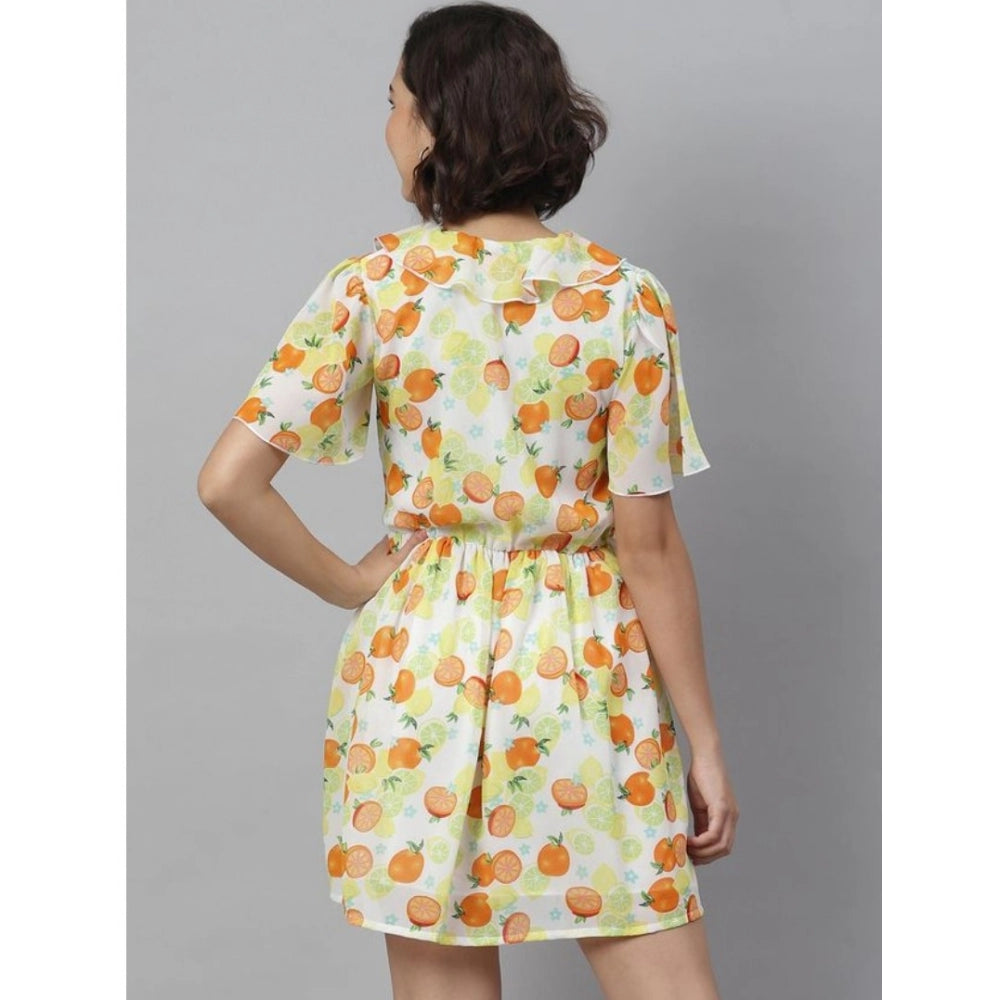 PKRKART Women's Polyester Printed Flutter Above Knee Dress (Yellow - Orange)