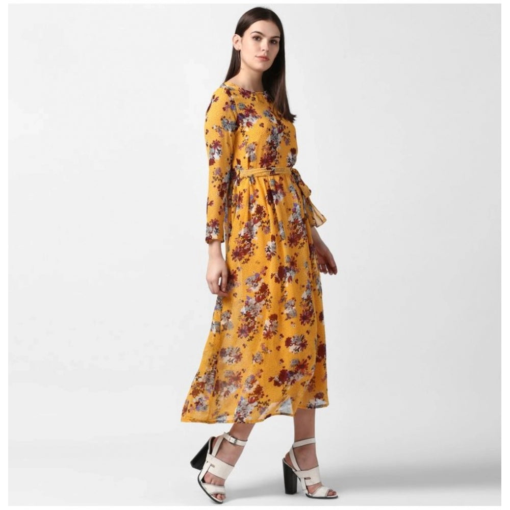 PKRKART Women's Polyester Floral Long Sleeves Calf-length Dress (Yellow)