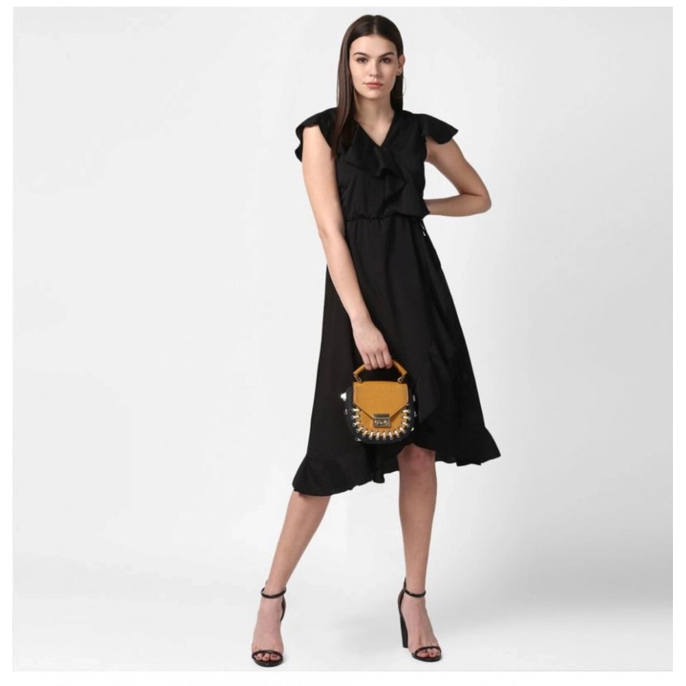 PKRKART Women's Polyester Ruffled Cap Sleeve Knee-Length Dress (Black)