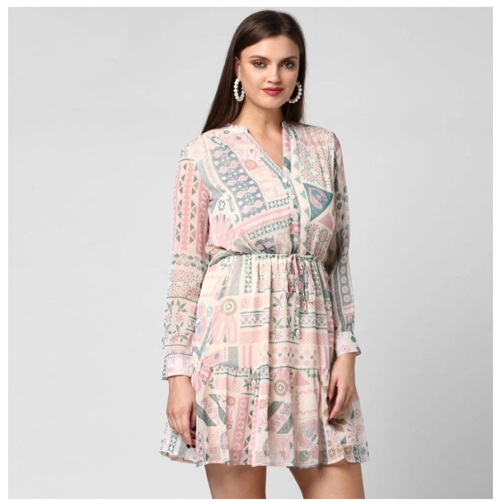 PKRKART Women's Polyester Printed Long Sleeves Above Knee Dress (Light Pink - Off White)