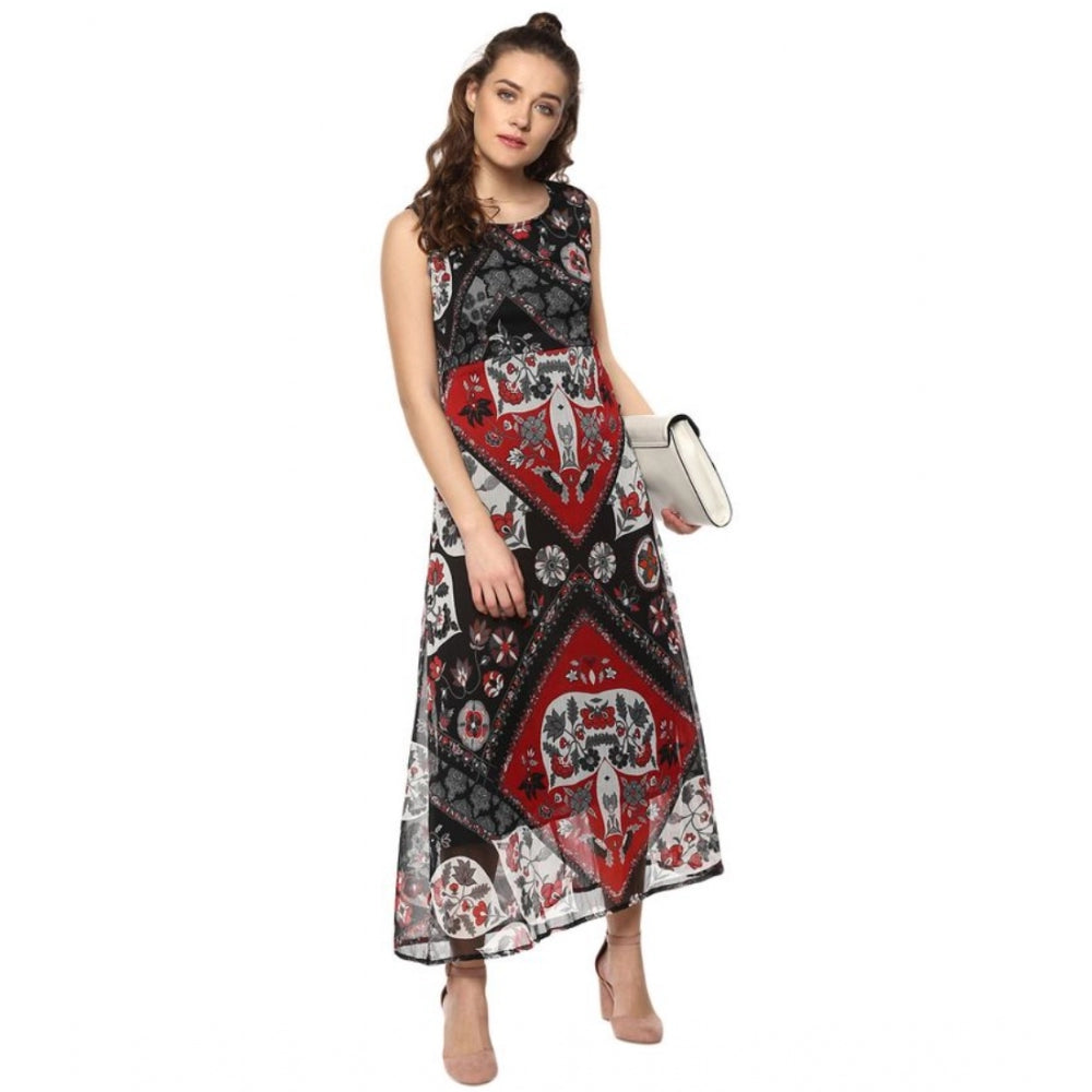 PKRKART Women's Polyester Printed Sleeveless Dress (Red - Black)