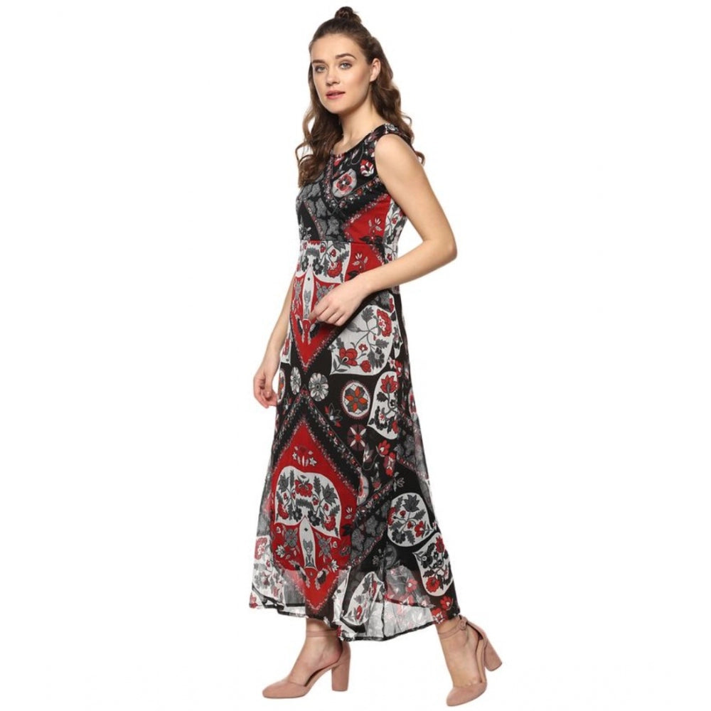 PKRKART Women's Polyester Printed Sleeveless Dress (Red - Black)