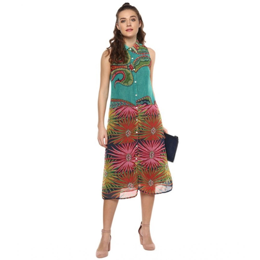 PKRKART Women's Polyester Floral Sleeveless Below Knee Dress (Multicolor)