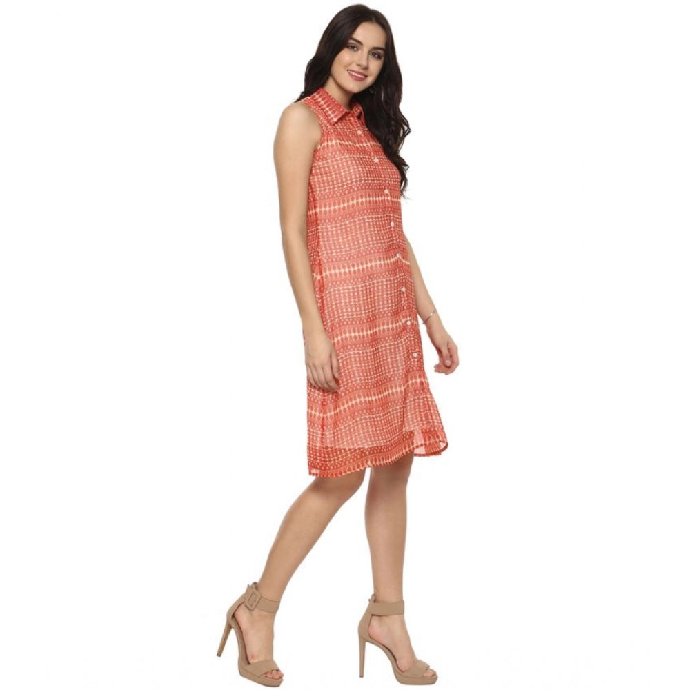 PKRKART Women's Polyester Printed Sleeveless Above Knee Dress (Orange)