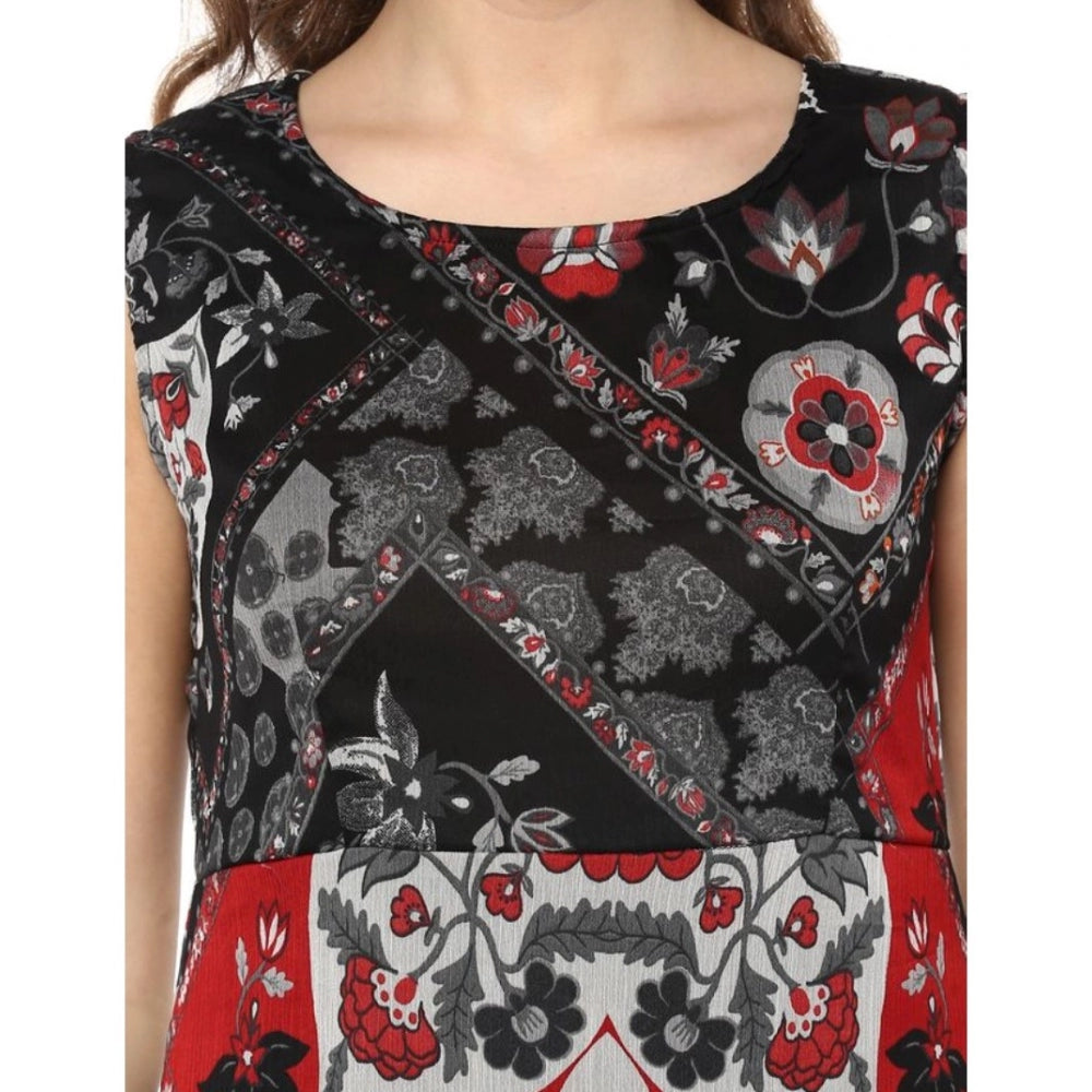 PKRKART Women's Polyester Printed Sleeveless Dress (Red - Black)