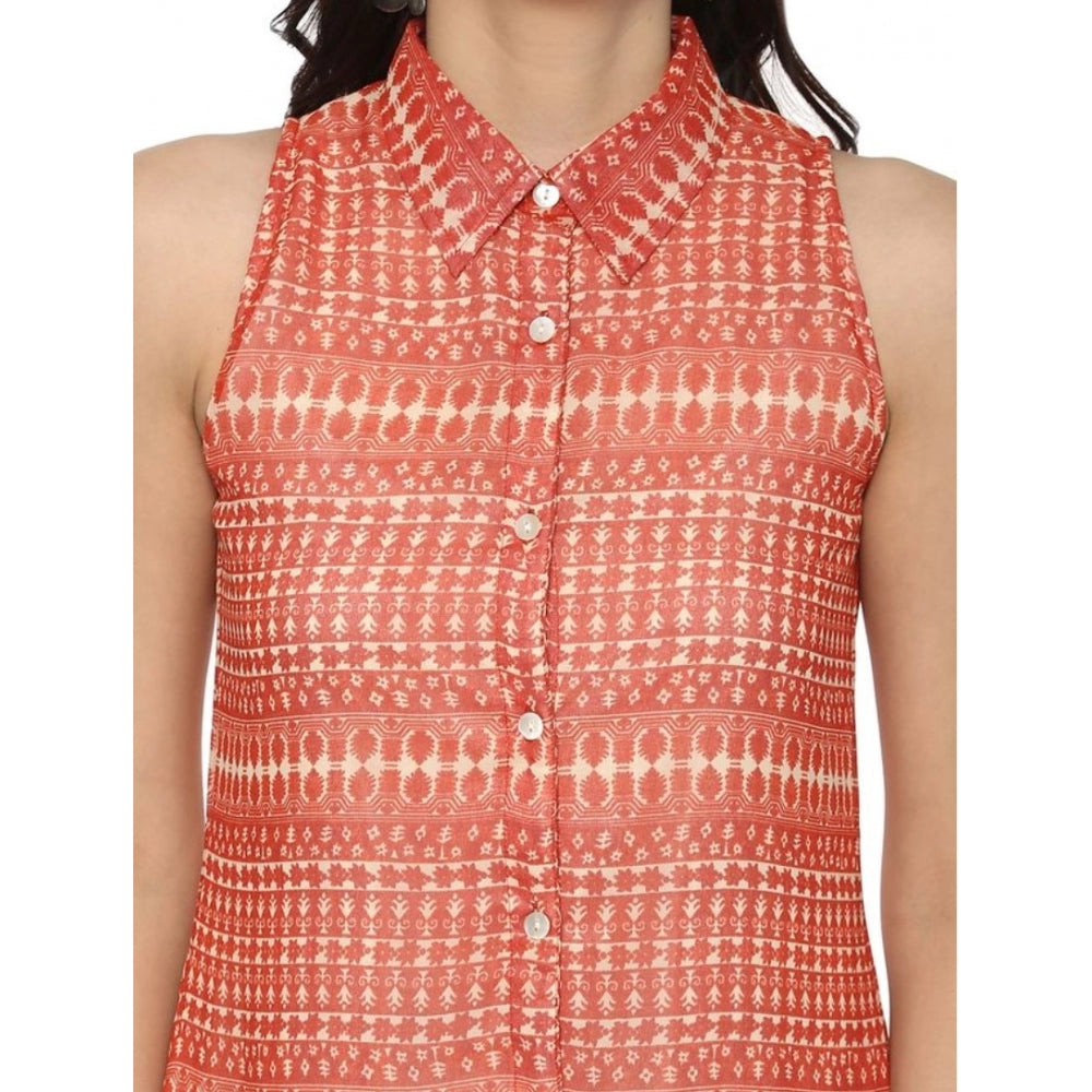 PKRKART Women's Polyester Printed Sleeveless Above Knee Dress (Orange)