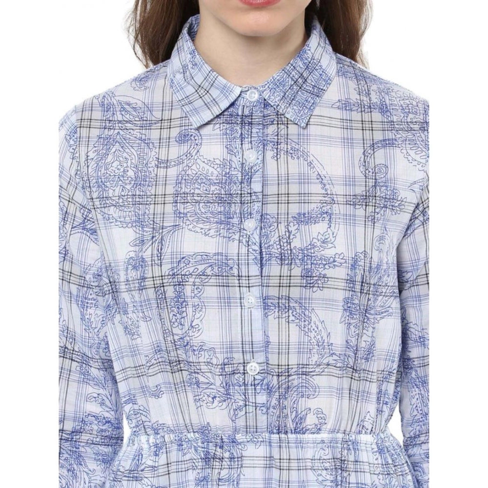 PKRKART Women's Cotton Checkered Roll Up Sleeve Above Knee Dress (Blue)