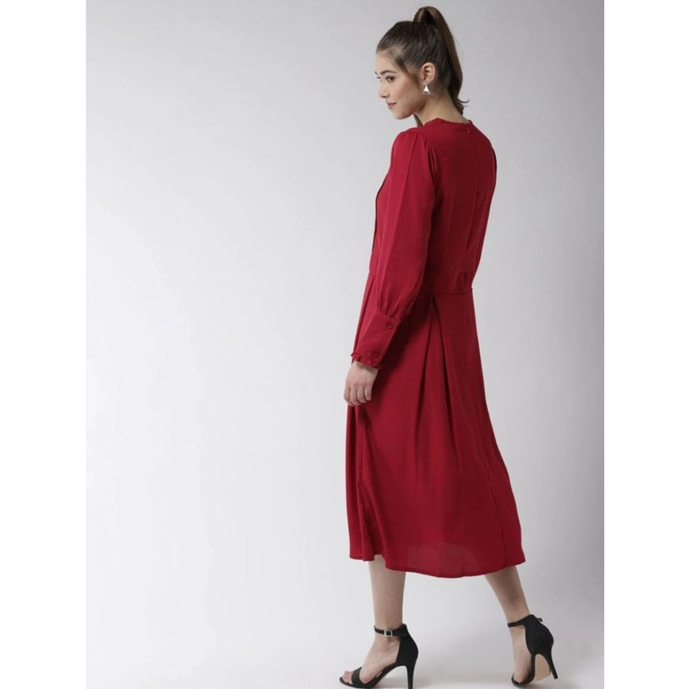PKRKART Women's Polyester Pintuck Long Sleeves Below Knee Dress (Red)