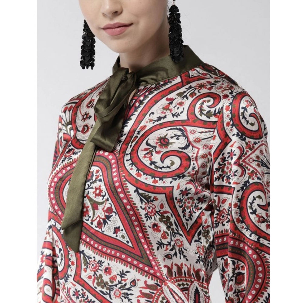PKRKART Women's Polyester Printed Long Sleeves Above Knee Dress (Red)