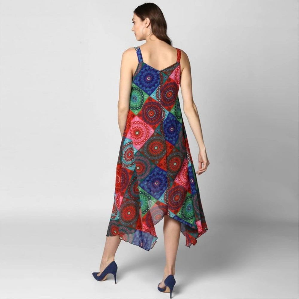 PKRKART Women's Polyester Asymmetrical Shoulder Straps Knee-Length Dress (Multicolor)